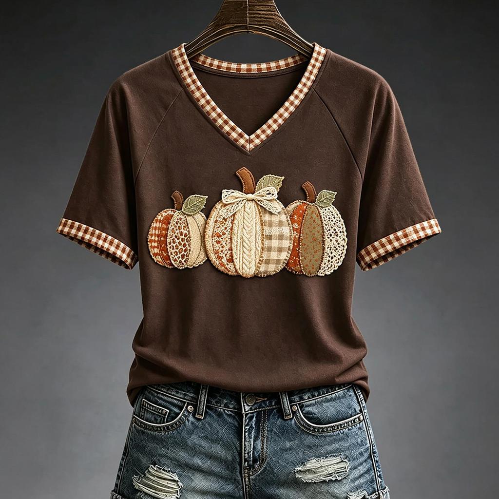 Women's V-Neck Rugby Print T-Shirt Short Sleeve Casual Summer Top for Women