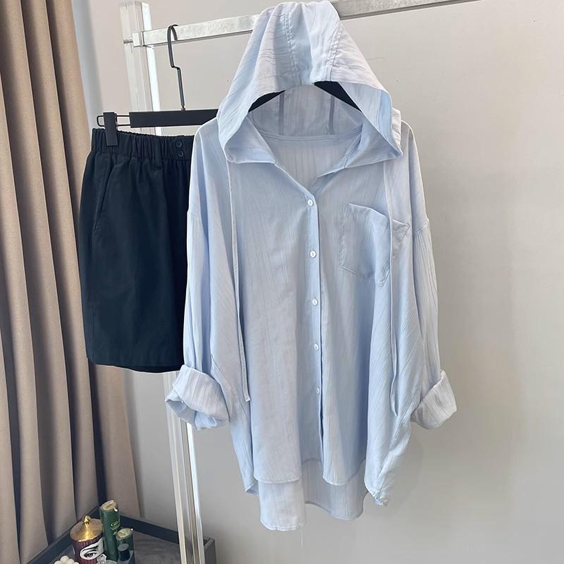 Maglietta da Donna con Cappuccio e Vestibilità Larga in Seta di Ghiaccio Protezione Solare - Top Casual Versatile Stile Coreano