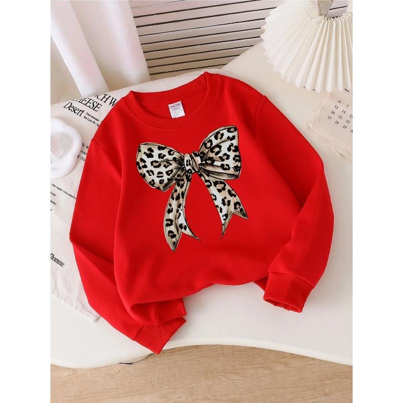 European sizes Girls' Stylish Crewneck Sweatshirt with Leopard Print Bow Tie, Western Flair Long-Sleeved Casual Top for Young Girls