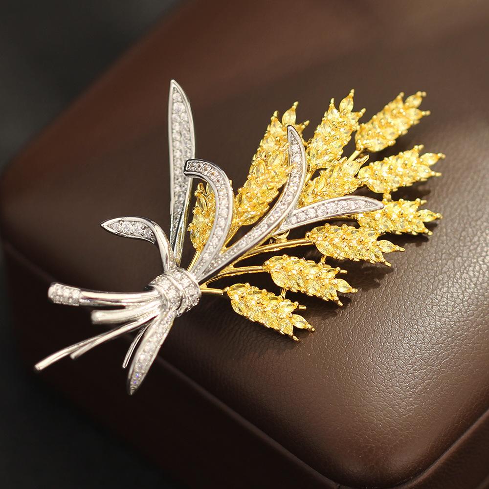 Premium two-color golden yellow zircon wheat ear brooch elegant and exquisite inlaid stone bouquet barley pin brooch women s model