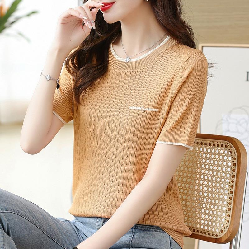Summer Ice Silk Short Sleeve T-shirt Women Fashion Thin Casual Knitted Blouse Woman Short Sleeve Round Neck Tee Tops Office Lady Blouses 24120