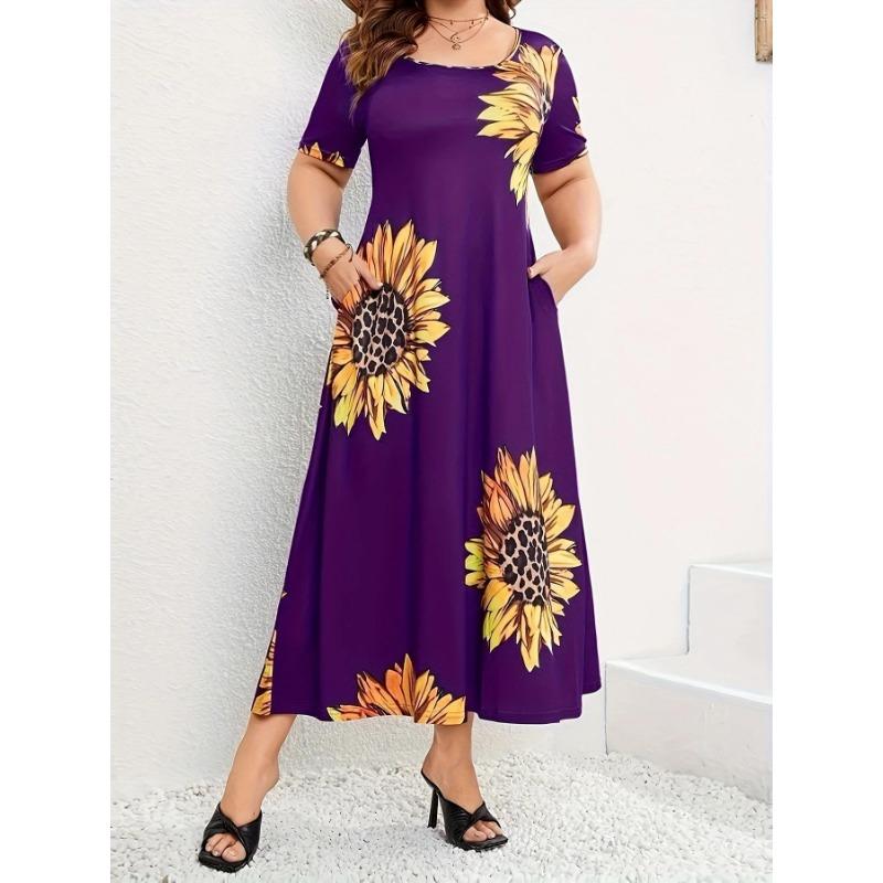 

Летнее женское платье с принтом подсолнечника, свободные длинные платья с короткими рукавами и карманами 2XL фиолетовый