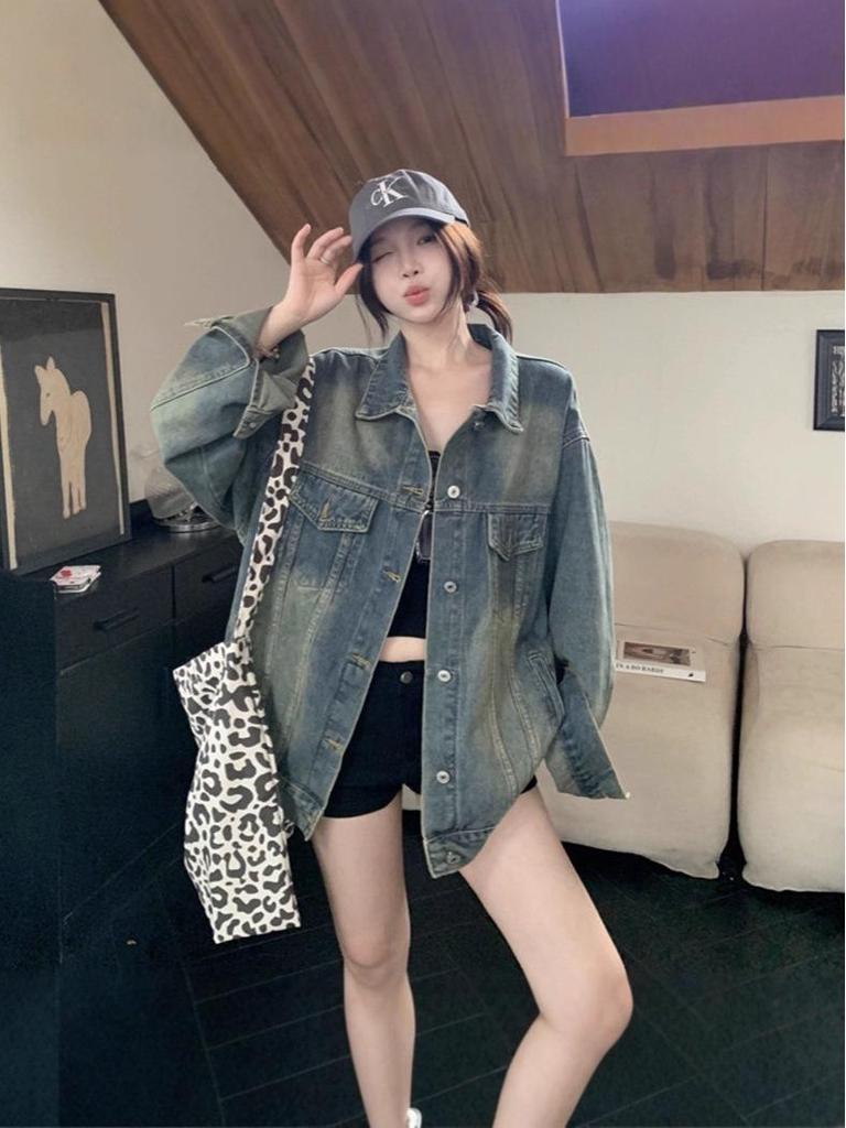 Damen 2025 Distressed Denimjacke - Amerikanischer Retro-Stil für Frühling & Herbst