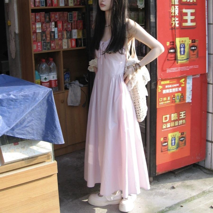 Summer 2026 New Fairy Gentle Wind Purple Pleated Suspender Dress Female Slim Waist A-shaped Skirt Long Dress