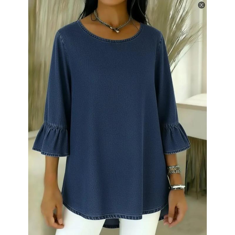 IHUASU Women's Fashion Casual Solid Color Print 3/4 Sleeves O-Neck Blouses & Shirts