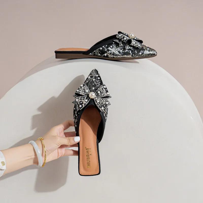 New Women Shoes Fashion Slipper Slik Upper Pointed Toe Bowknot Casual Sandals Ladies Match Dress Flat Slides