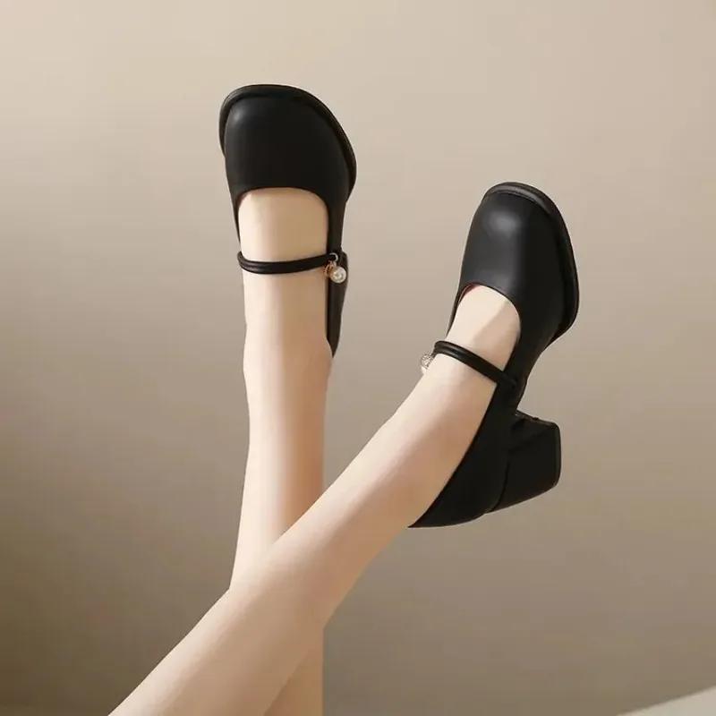 Fashion Versatile Pearl Single Shoe Women's 2025 Spring Summer New Style French Small Leather Shoe Square Head Casual Mid Heel Mary Jane