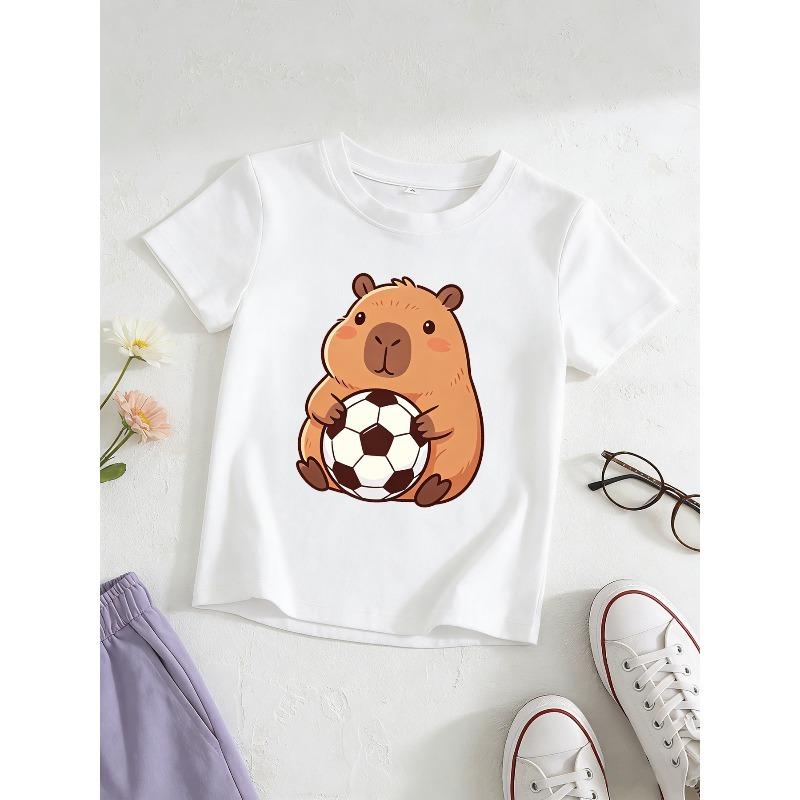 European Sizes Girl's Capybara Holding a Soccer Ball Graphic Short-Sleeve T-Shirt, Kids' Summer Casual Top, Comfortable and Versatile