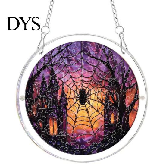 Halloween Party Hanging Props Acrylic Puzzle Window Suncatcher, Stained Glass Style Ornament Vintage Illustration with Metal Chain, Decorative