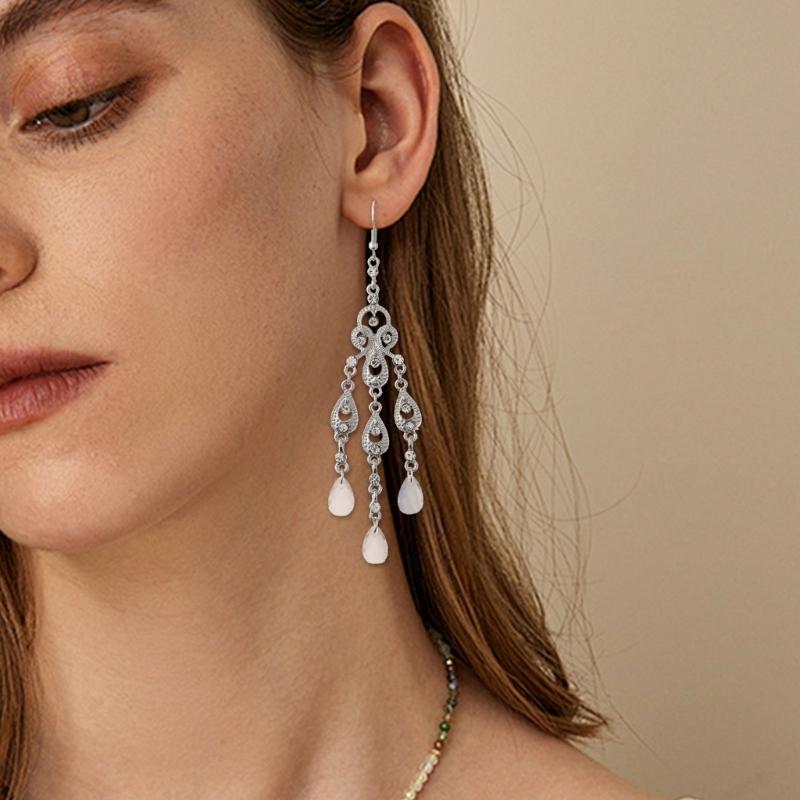 Elegant Teardrop Dangle Earrings With Stone Dialects And Intricate Cutout Design In Nonallergenic Zinc Alloy For Daily Or Formal Wear
