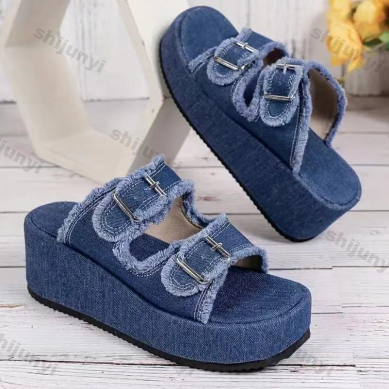 Fashion Women Denim Belt Buckle Wedge Heels Slippers Summer New Non Slip Thick Sole Beach Slippers Woman Fashion Buckle Platform Sandles