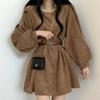 Corduroy Sashes Dresses Women Korean Preppy Puff Sleeves Casual A Line Mini Dress Harajuku Elegant All Match Solid Dress