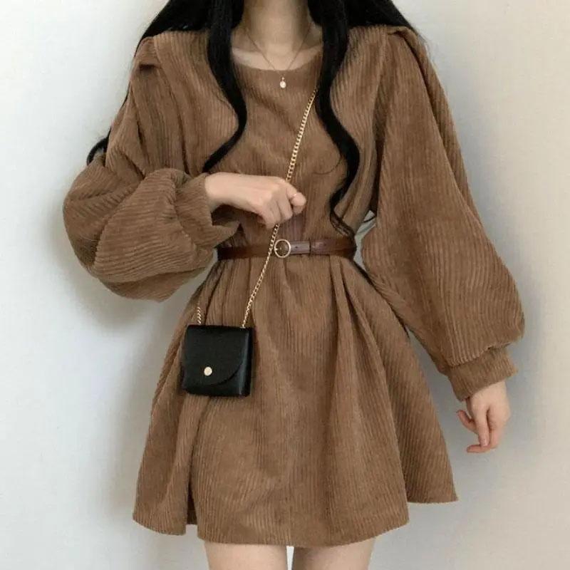 Corduroy Sashes Dresses Women Korean Preppy Puff Sleeves Casual A Line Mini Dress Harajuku Elegant All Match Solid Dress