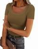 Women's U Neck Long Sleeve Tee Slim Fit Casual Ribbed Knit Solid Color Spring Basic Top
