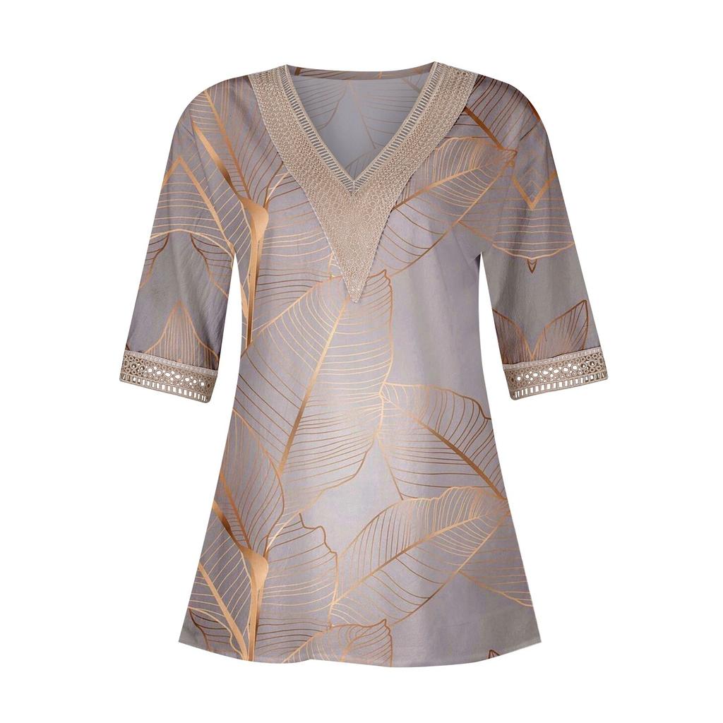 Women's Shirt Blouse Casual Loose Shirts 3/4 Sleeve Lace Print V Neck Tops Print Tops T-shirts Tee