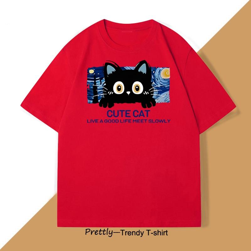 Cute Cat T Shirt Casual Cotton Short Sleeve Round Neck Tshirt Men Women Loose O Neck Male Tee Shirt Oversized Tee Shirt Street