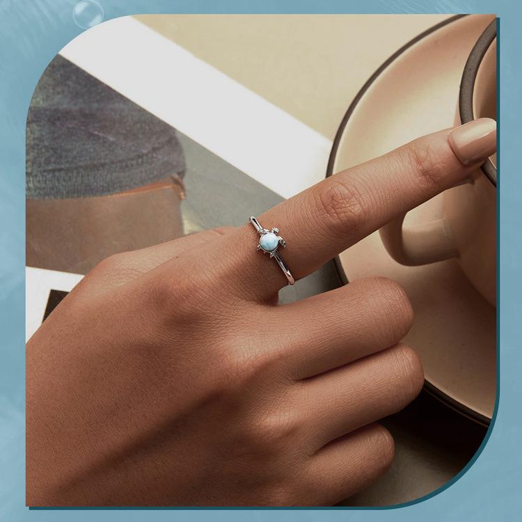 Avle S925 Sterling Silver Blue Turtle Adjustable Ring for Women