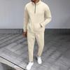 Men New Autumn Waffle Knit High Neck Half Zip Pocket Long Sleeve Sweatshirt Long Pants Casual Set