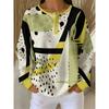 Women'S Waffle Henley Button-Up Top, Yellow Black Abstract Polka Dot Geometric Print Long Sleeve T-Shirt