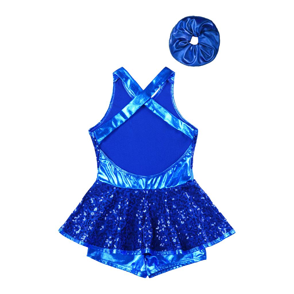 Flickors Jazzdansdräkt Ärmlös Paljettprydd Dräkt Korslagd Rygg Midja Rosett Design Inkluderar Håraccessoar