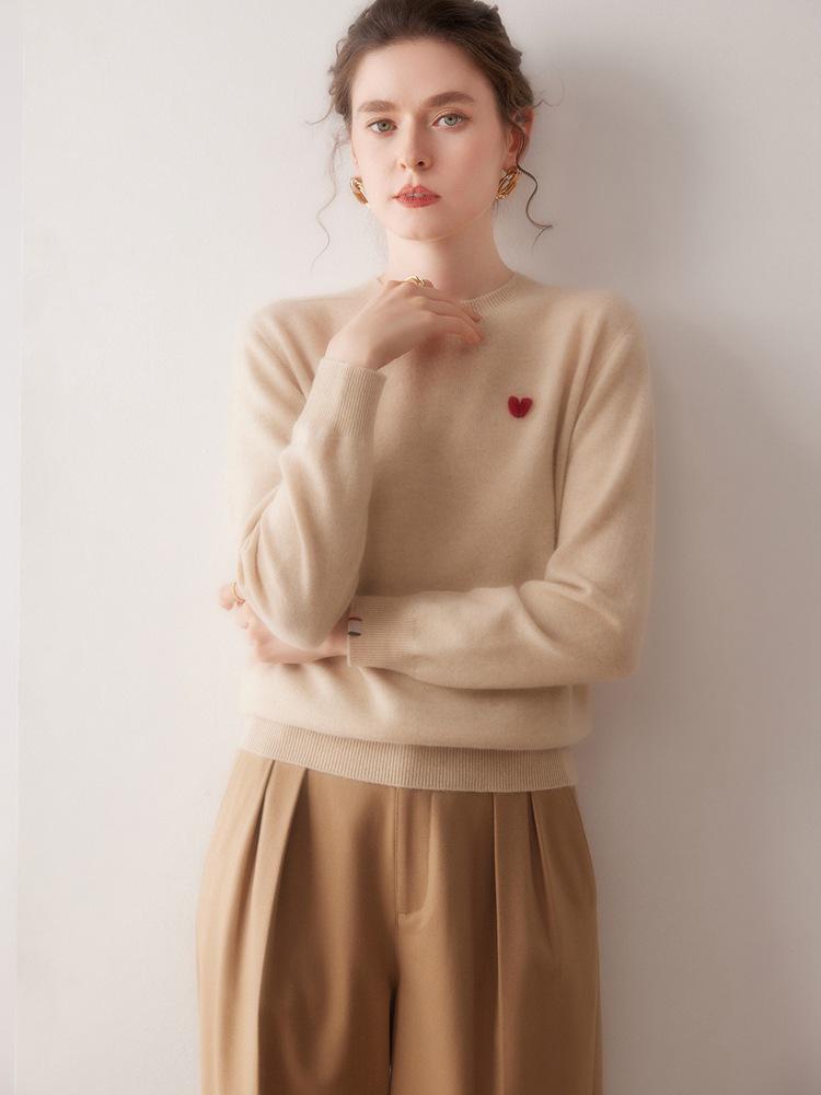 Women's 2025 Round Neck Embroidered Heart Cashmere Sweater - Gentle, Fashionable & Versatile