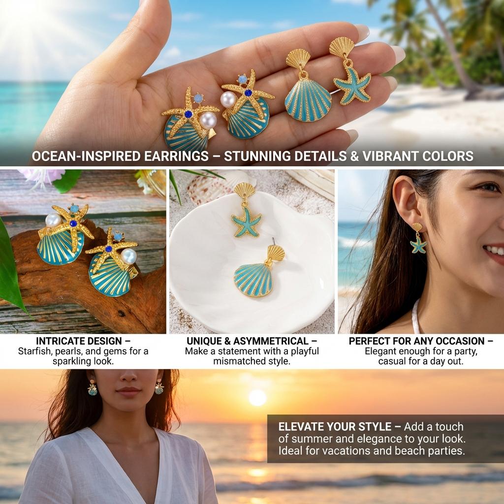 Trend Seashell Starfish Stud Earrings for Women Elegant Imitation Pearl Zircon Sea Star Earring Beach Party Vacation Jewelry