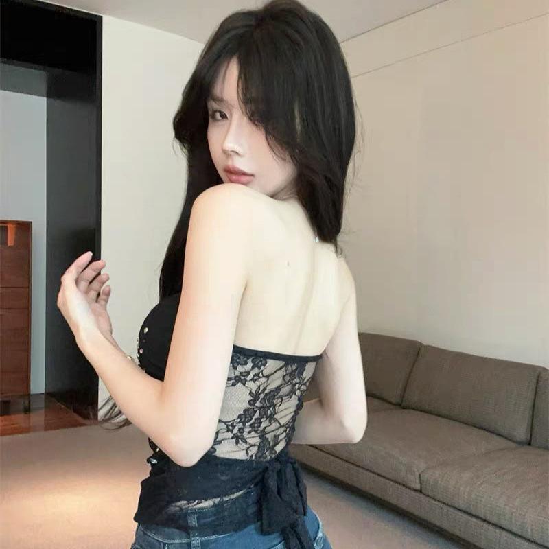 #Summer new pure desire sexy hot diamond back lace strap tube top slim one-piece with chest pad versatile