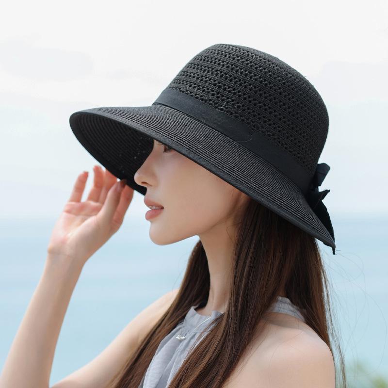 Summer seaside beach sunscreen hat women's fashion bow sun hat big eaves hollow breathable sunshade bucket hat