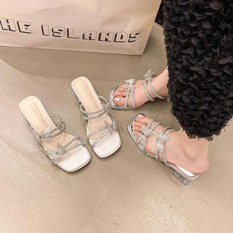 Französische Sandalen mit dickem Absatz Damen Sommerrock 2025 neu Schleife Strass hohe Absätze lässige Zehensandalen