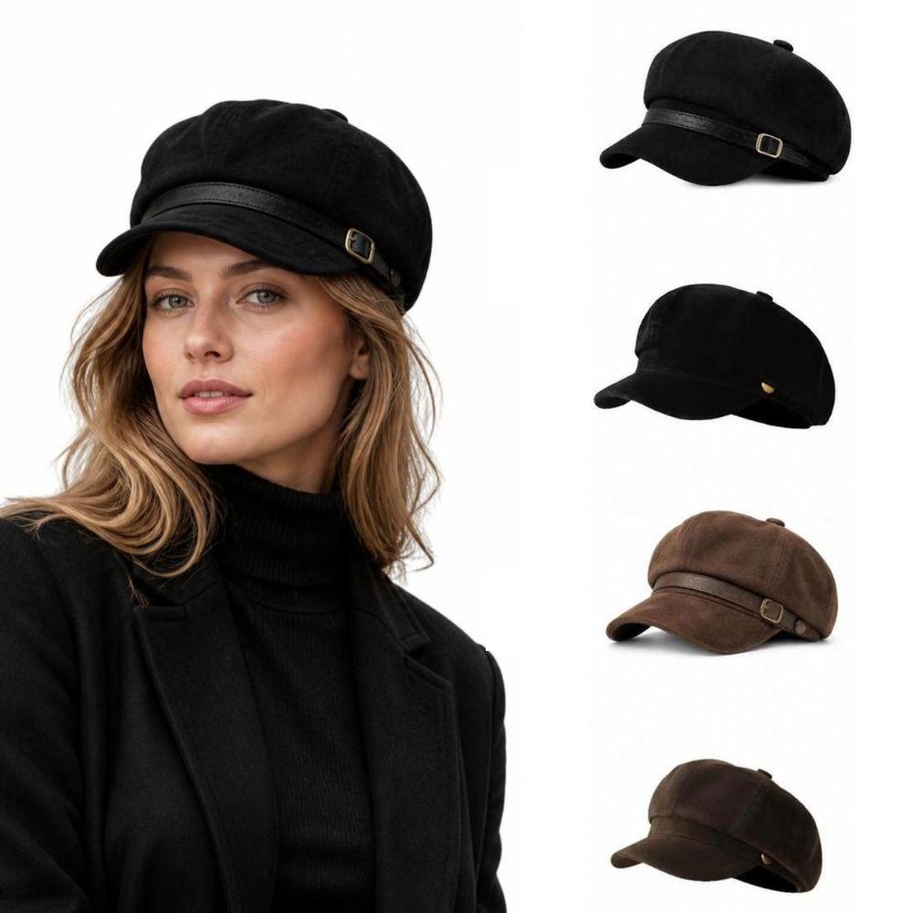 Leather Belt Decor Newsboy Cap British Style Octagonal Beret Hat Retro Baker Boy Cap For Women