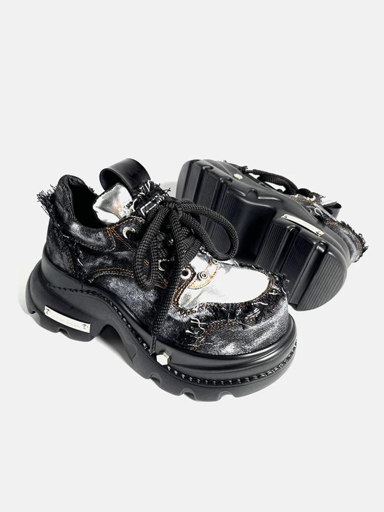 Fashion Women's Punk Style Leather Shoes Lace-up Heel Height 8CM Platform Female Gothic Ankle Boots PU Biker Boots Thick Bottom Sneakers