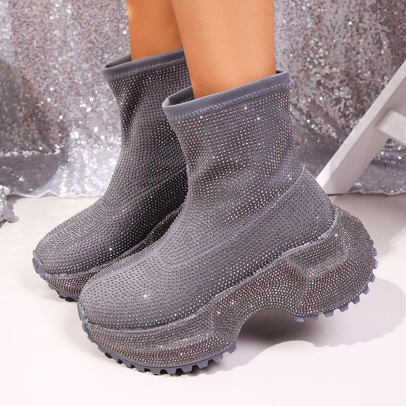 

Модные роскошные ботильоны на платформе со стразами для женщин 2025 Новые ярко-розовые на толстой подошве уличные туфли женские модные массивные ботинки слипоны 42 серый