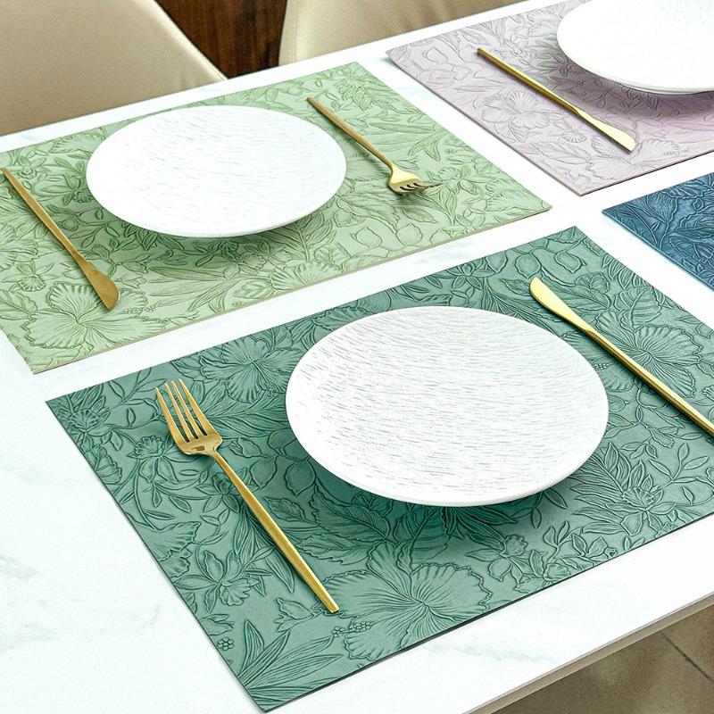 Nordic PVC Leather Placemat Waterproof Non-Slip Heat-Resistant Rectangle Table Mat with Carved Design Cup Coaster for Dining
