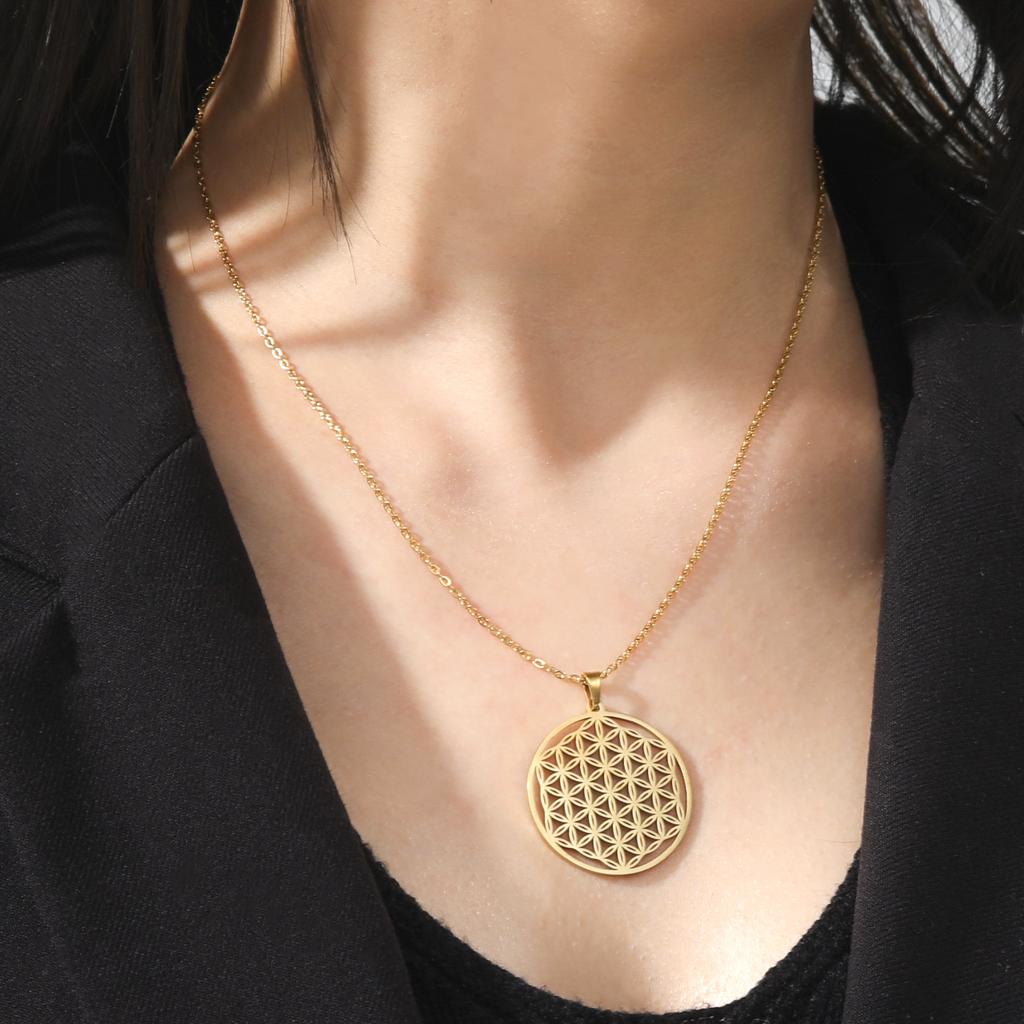 Cazador Chakra Flower of Life Necklaces Mandala Stainless Steel Chain Necklace Amulet Geometric Jewelry for Women