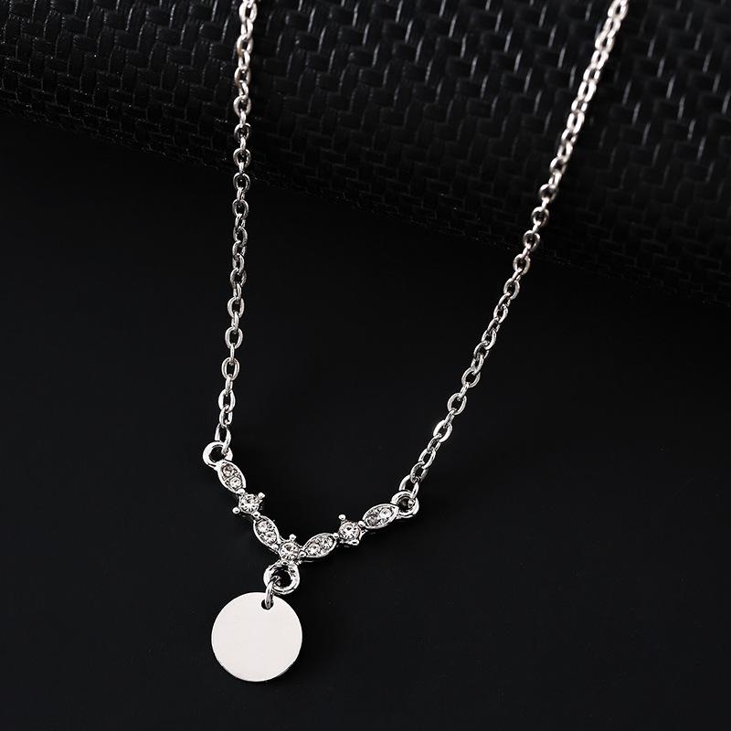 Laser UV Diamond V-Pendant Round Plate Stainless Steel Necklace