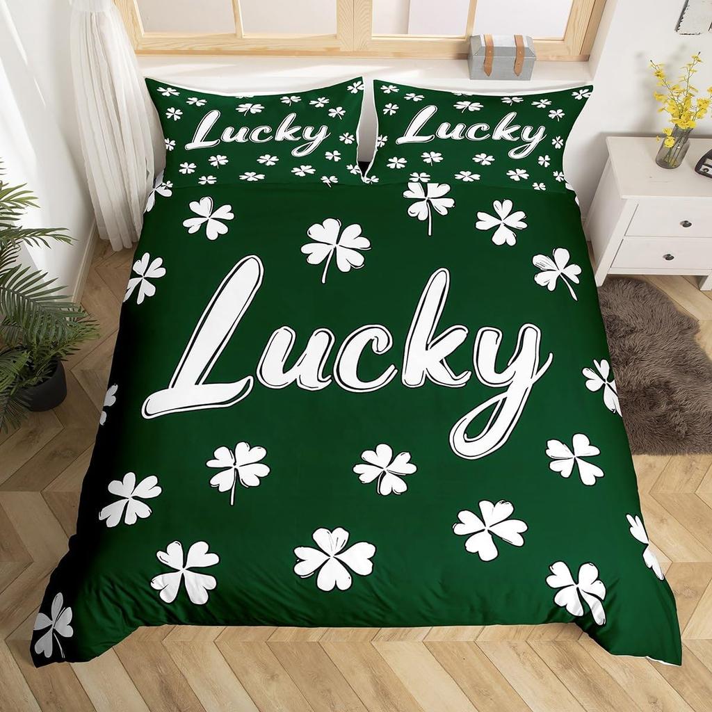 St. Patrick'S Day Duvet Cover Full Queen Spring Gnomes Comforter Cover 2/3 Pcs Green Botanical Leaves Flower Clover Bedding Set