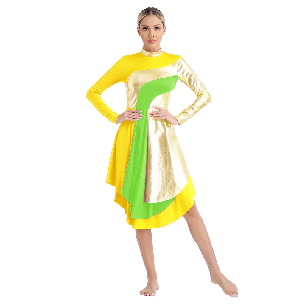 Vestido de Dança Litúrgica Feminino Gola Alta Manga Longa Patchwork Cor Contrastante Bainha Curva Vestido de Adoração
