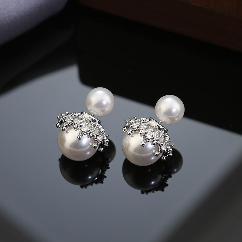 Front and Back Crown Pearl Stud Earrings Luxury Elegant Fashion Pin Earrings белый