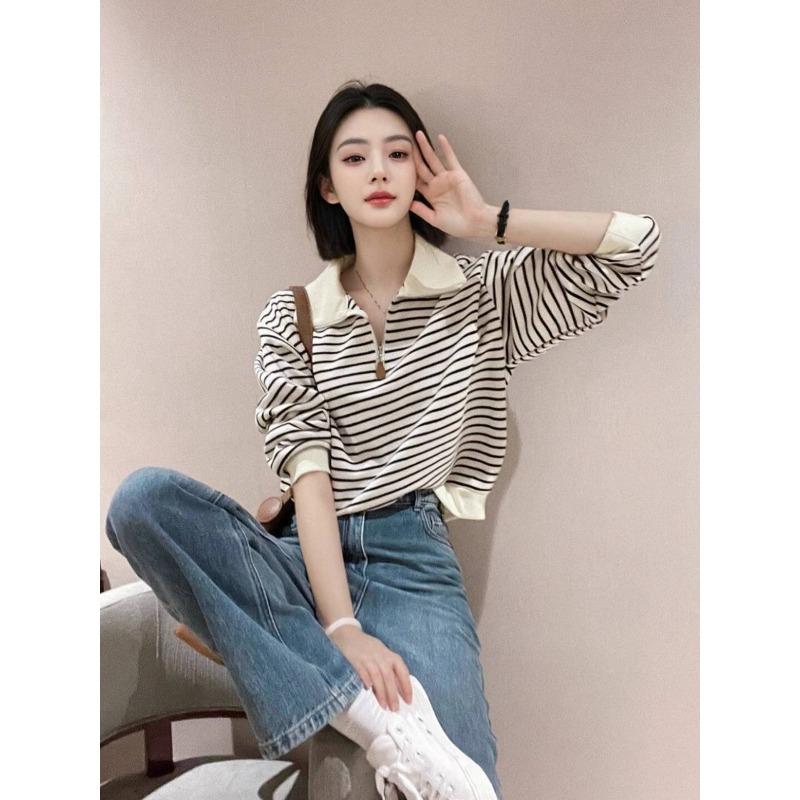 

Simple olo collar striped contrasting sweater women s spring loose and thin long-sleeved top bottoming shirt L абрикосовий