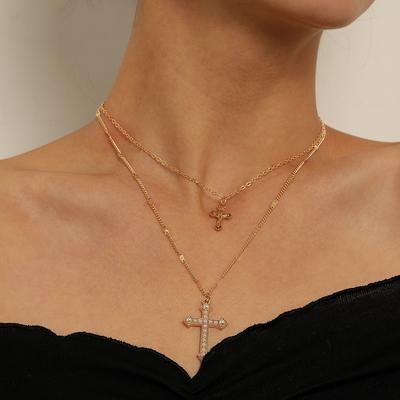 Accessoires, große und kleine doppelstöckige Perlenkreuz-Anhänger Halskette, modische Trendartikel