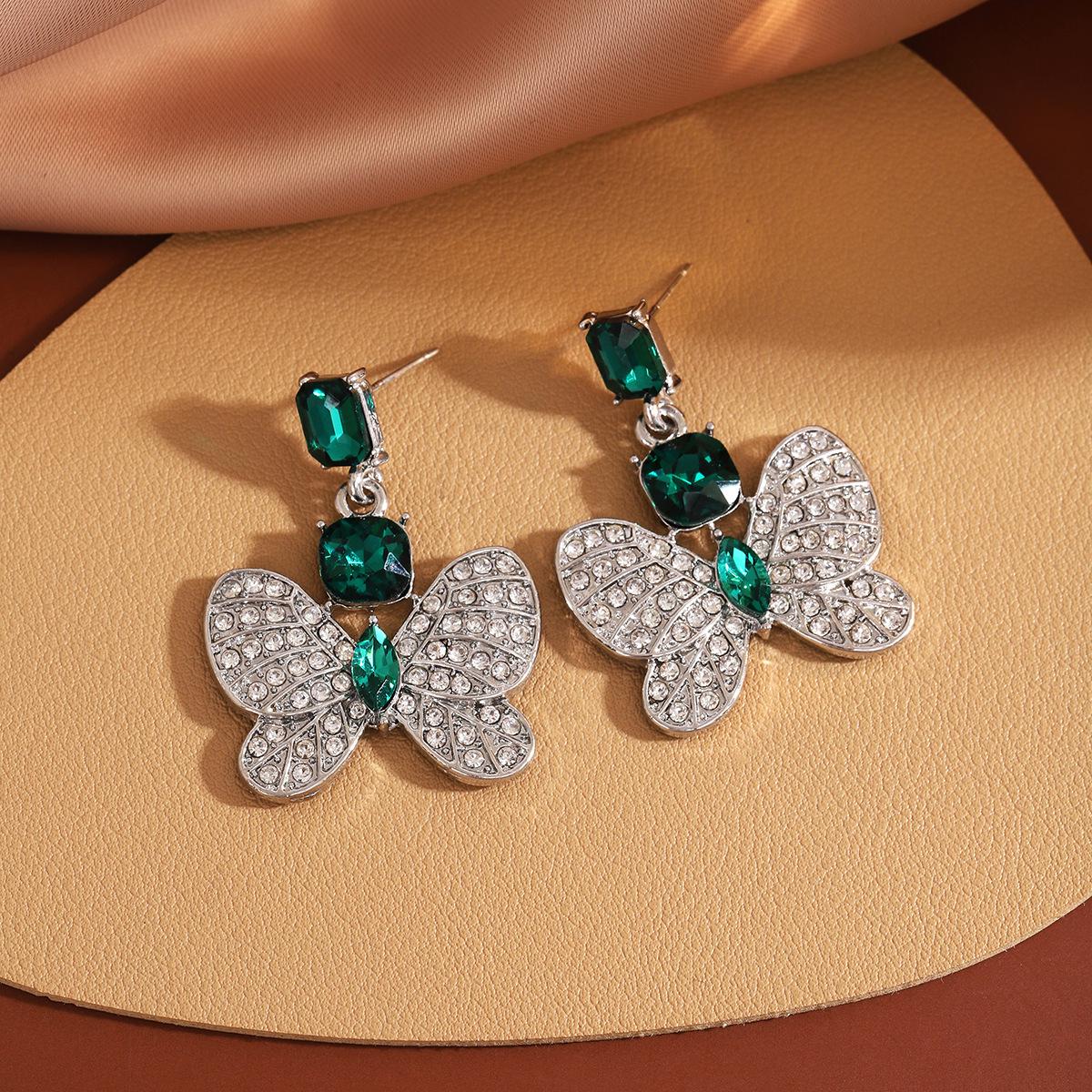 Silver Needle Retro Rhinestone Butterfly & Emerald Square Stud Earrings for Women