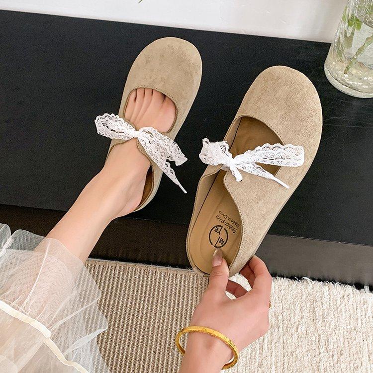 Baotou slippers summer small fragrant lace bow square head French casual sandals
