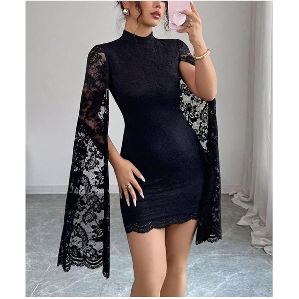 

Women s Lace Mini Dress Sensual Elegant, Floral Mesh Long Sleeves with a Slit, Formal Evening Gown, Black Lace Cocktail Dress 2XL