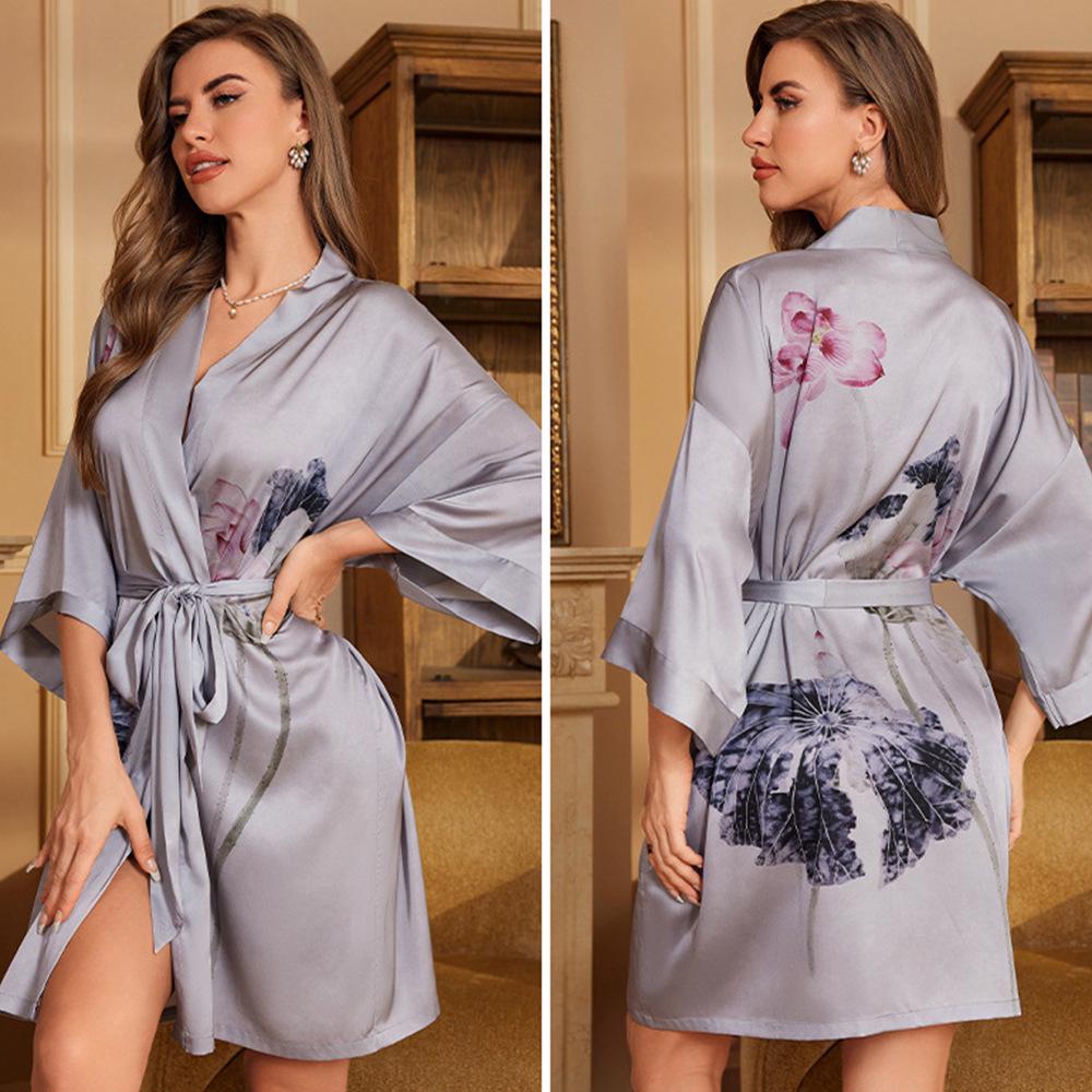 Yaoting Elegant Retro Chinese-Style Satin Nightgown for Women, Luxurious & Noble Home Bathrobe - Summer 3370.
