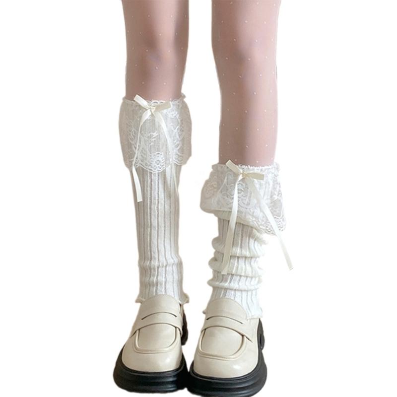 Elegant Ribbed Knit Stretch Leg Warmers Boot Cuffs Ruffled Lace Trim Bowknot Leg Cover Over Calf Long Socks for Women