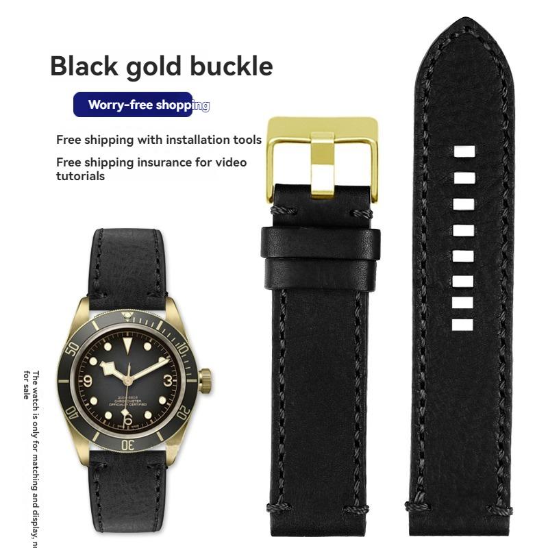 For TUDOR Black Bay Qicheng Bronze Little Red Flower Zenith Vintage Genuine Leather Watch Strap Men 22mm 23mm Cowhide Wristband