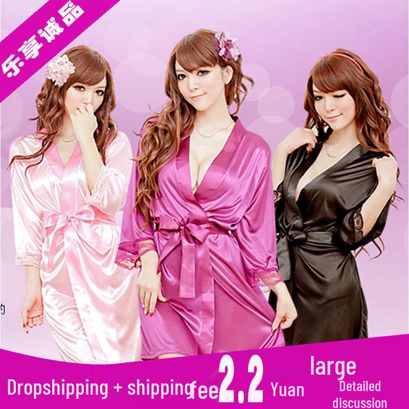 

Атласный кружевной пижамный комплект: Женская сексуальная ночная сорочка и кимоно Black Bathrobe