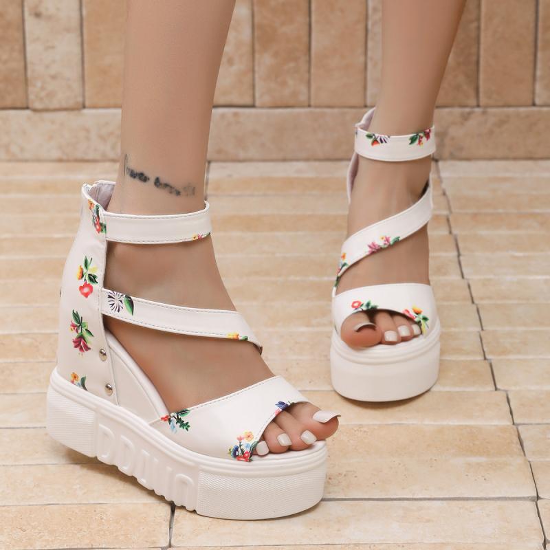 Fashion Rose Print Wedge Heel Ankle Strap Sandals Women 2025 Summer Rear Zip Chunky Platform Sandals Fashion Super High Heel Shoes