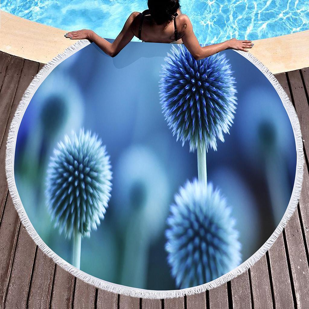 Botanical Floral Round Beach Towel, Garden Flowers Daisy Beach Blanket, Rustic Farmhouse Style Pool Towel, Portable Picnic Mat