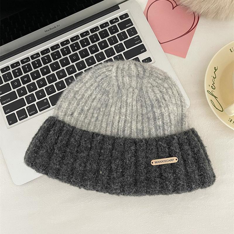 Women Autumn Winter  New Knitted Beanie Cap Korean Version Thickened Warm Color Matching Couple Student Fashion Wool Hat Men